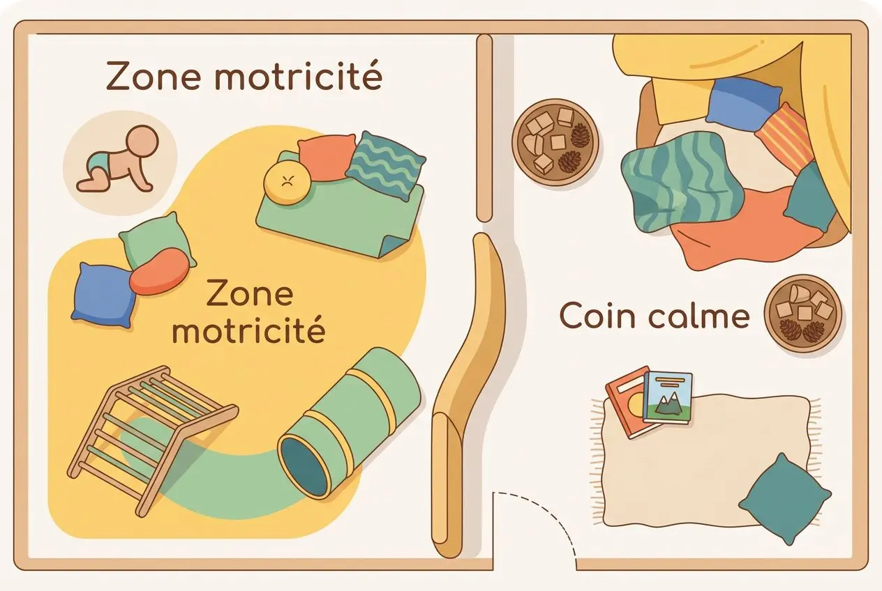 Plan d’aménagement ludique montrant zones motricité et coin calme, avec tapis, coussins, tunnel et matériel ouvert. intégrer le jeu libre.