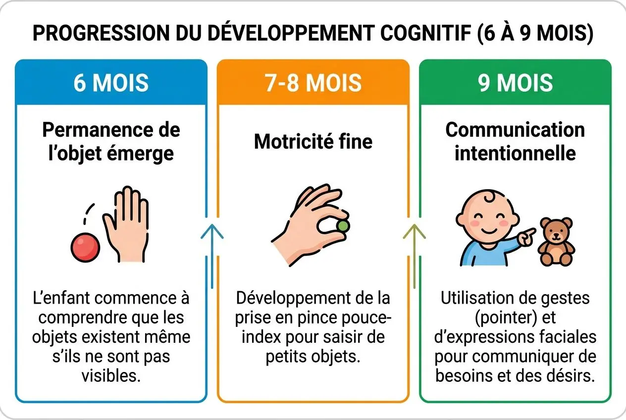 Progression du développement cognitif (6 à 9 mois) : étapes 6 mois, 7-8 mois et 9 mois et gestes clés pour bébé 0-9 mois.