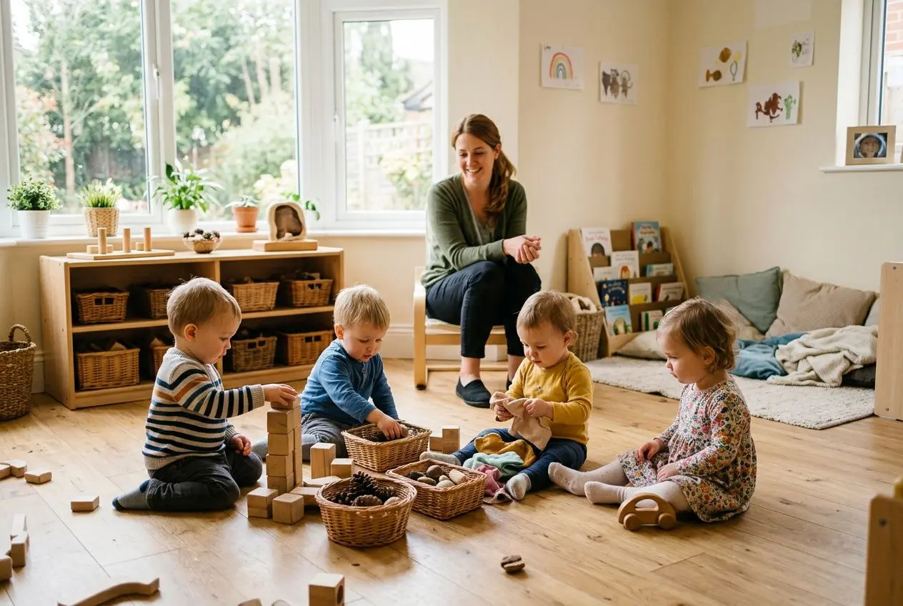 Quatre enfants jouent librement au sol avec des blocs en bois et des paniers, sous l’œil d’une femme assise dans une salle lumineuse et chaleureuse.