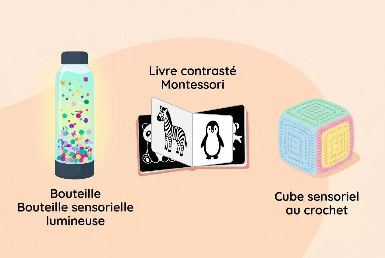 Bouteille sensorielle lumineuse, livre contrasté Montessori et cube sensoriel au crochet pour bébé d’un an.