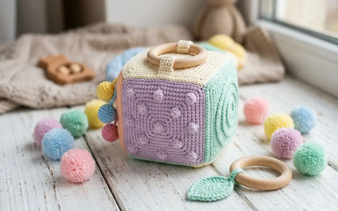 Cube sensoriel en tricot avec pompons colorés et anneaux en bois, idéal pour jeux sensoriel bébé 1 an et stimulation tactile.