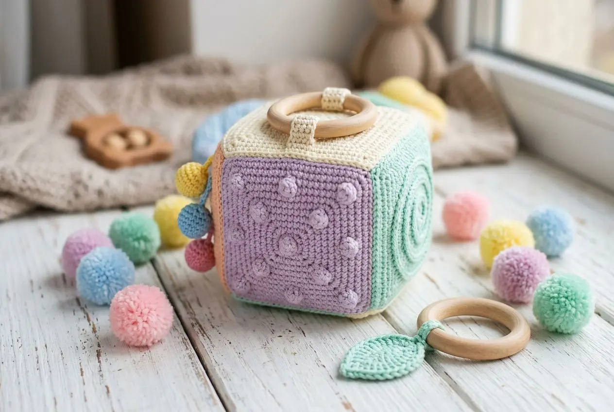 Cube sensoriel en tricot avec pompons colorés et anneaux en bois, idéal pour jeux sensoriel bébé 1 an et stimulation tactile.