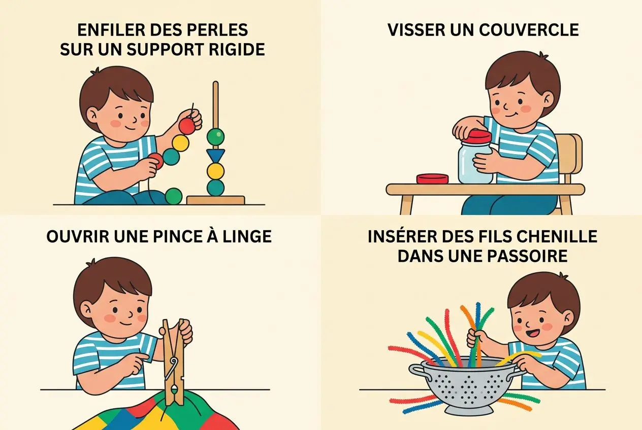 Enfant faisant des activités manuelles bébé 18 mois : enfilage de perles sur support, ouverture d’un contenant, pinces et fils chenille, et pas à pas avec des nouilles colorées.
