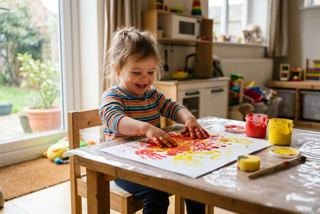 Petite fille souriante réalisant des activités manuelles bébé 18 mois avec peinture et tampons colorés sur une feuille, à la maison.