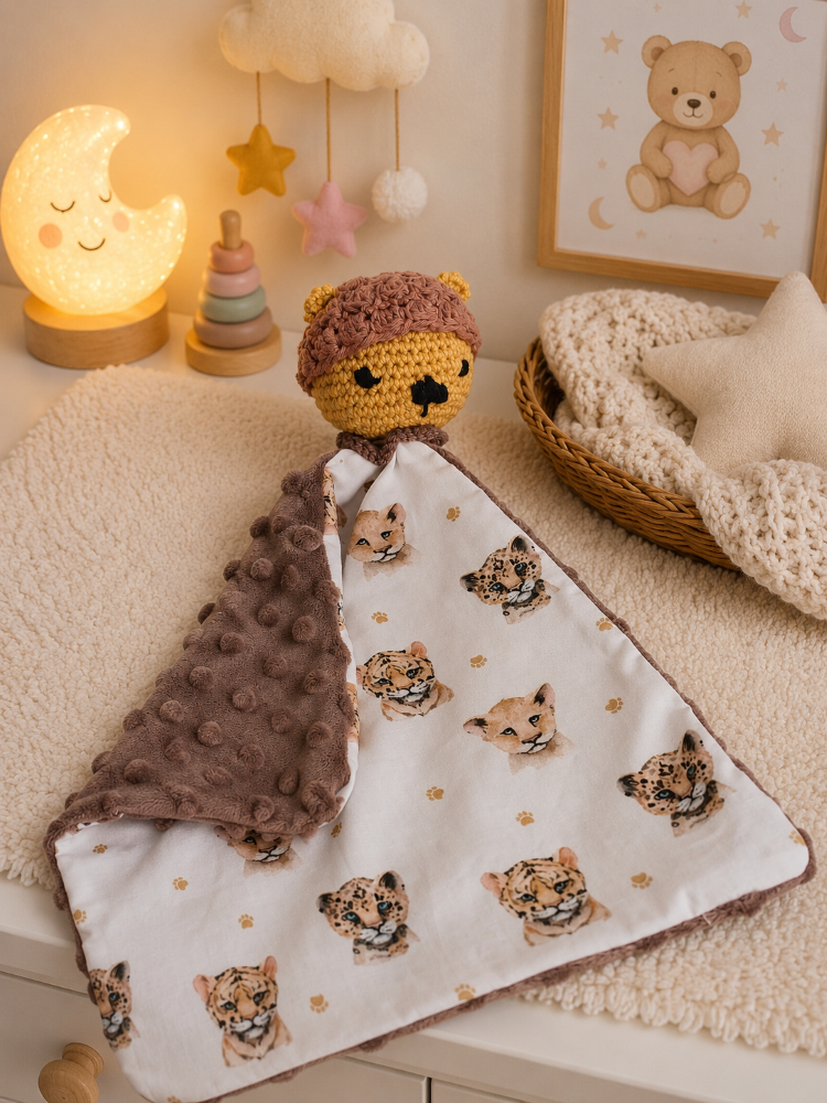 doudou chiffon tête de lion sur table à langer
