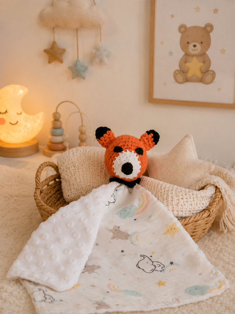 doudou chiffon tête de renard sur table à langer et panier en osier