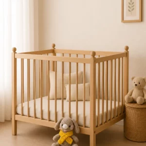 doudou lapin posé au sol contre le lit de bébé