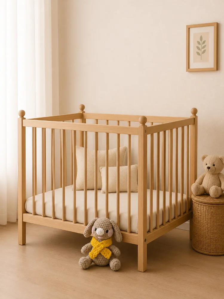 doudou lapin posé au sol contre le lit de bébé