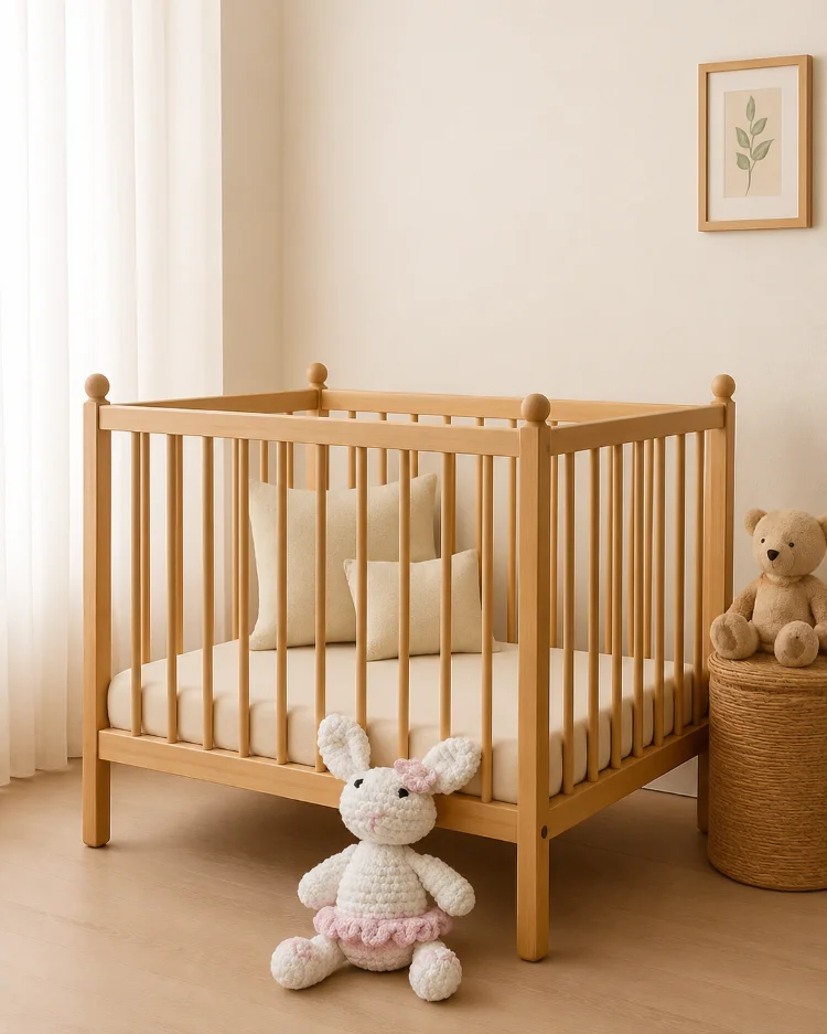 doudou alpin fille tutu rose posé au sol près du lit de bébé