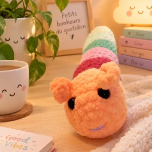 chenille au crochet multicolore sur table entouré de décorations pastels